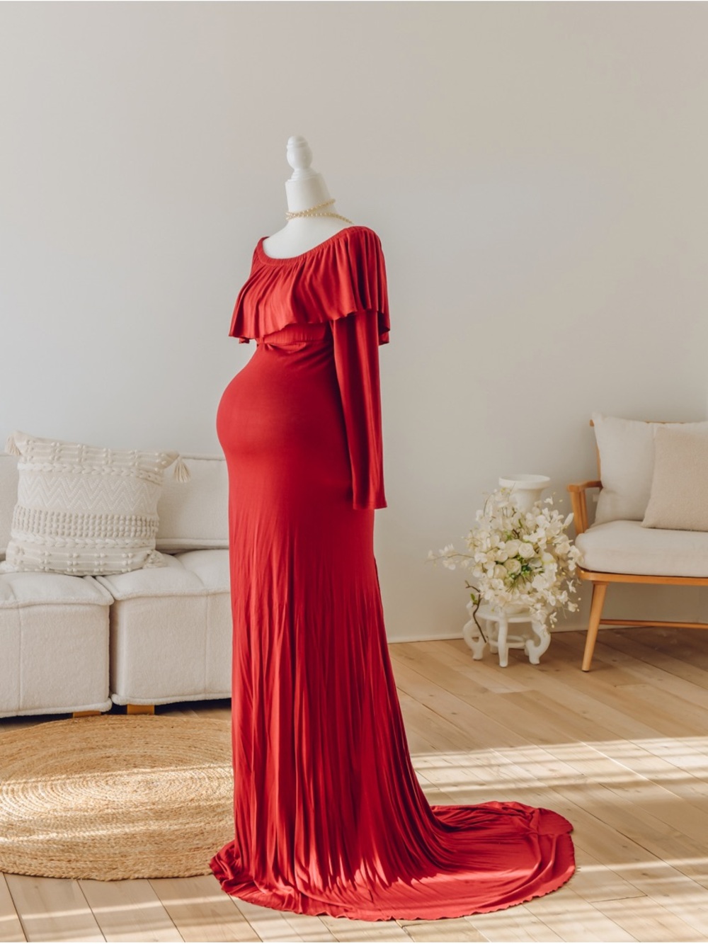 Red Maternity Maxi Dress with Ruffle Neckline